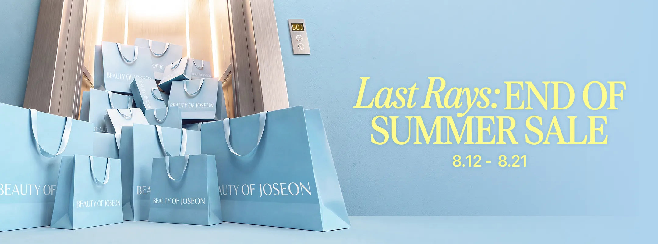 A promotional banner for Last Rays End of Summer Sale, featuring multiple light blue shopping bags with 'BEAUTY OF JOSEON' printed on them against a light blue background with yellow text.